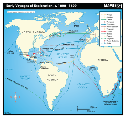 Early Voyages of Exploration Map, 1000-1609 CE