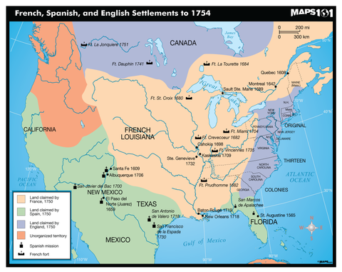 French, Spanish, and English Settlements to 1754 Map