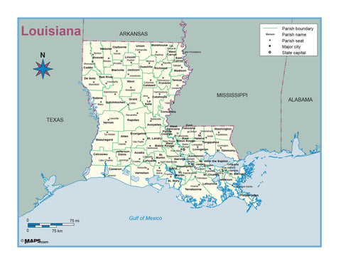 Louisiana County (Parish) Outline Wall Map