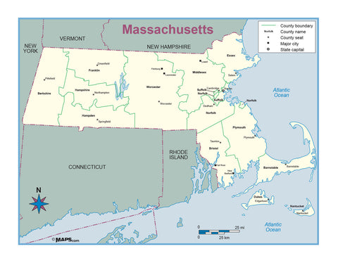Massachusetts County Outline Wall Map