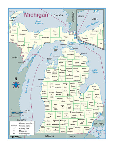Michigan County Outline Wall Map