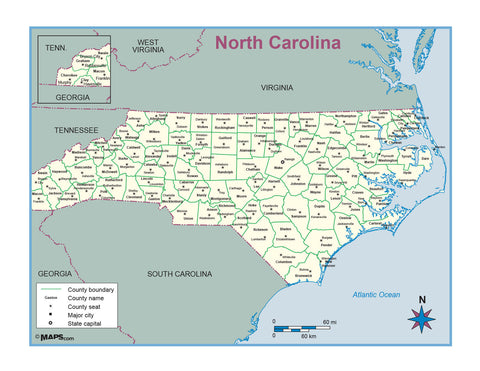 North Carolina County Outline Wall Map