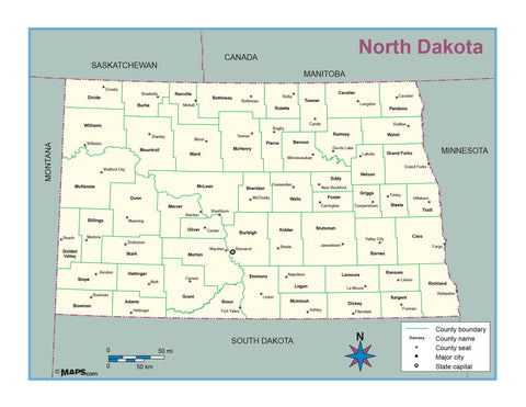 North Dakota County Outline Wall Map