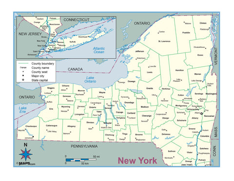 New York County Outline Wall Map