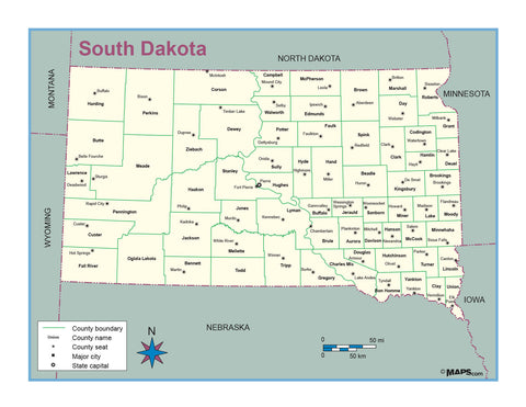 South Dakota County Outline Wall Map