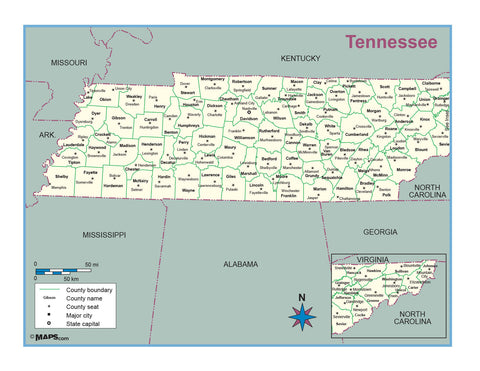 Tennessee County Outline Wall Map