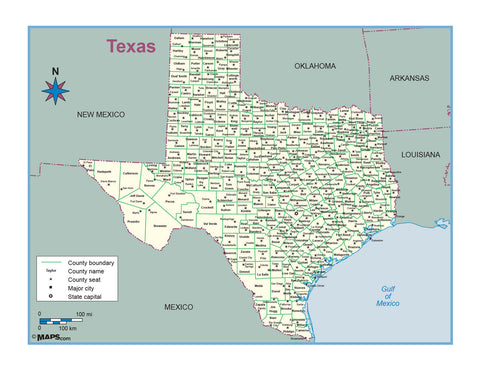 Texas County Outline Wall Map
