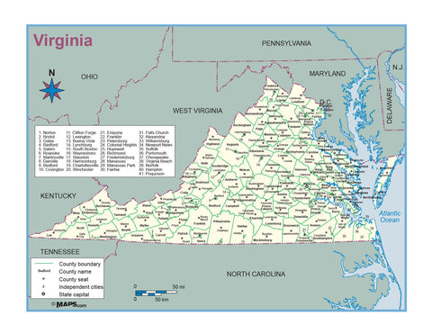 Virginia County Outline Wall Map