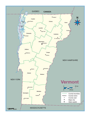 Vermont County Outline Wall Map