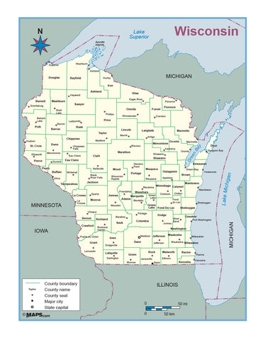 Wisconsin County Outline Wall Map