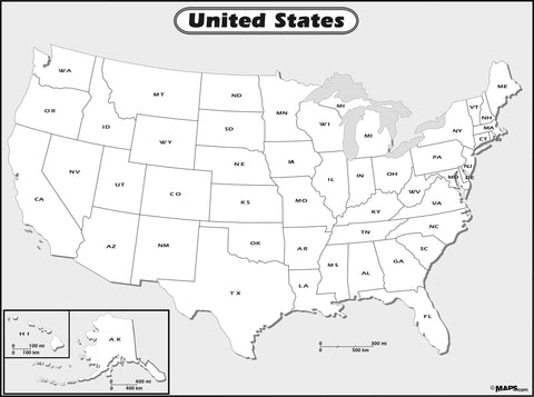 Black and White US Outline Wall Map