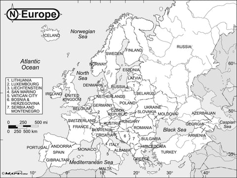 Europe Black & White Reference Map, 2005