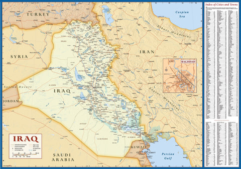 Iraq Deluxe Political Wall Map w/Index