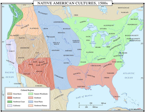 Native American Cultures 1500s Wall Map