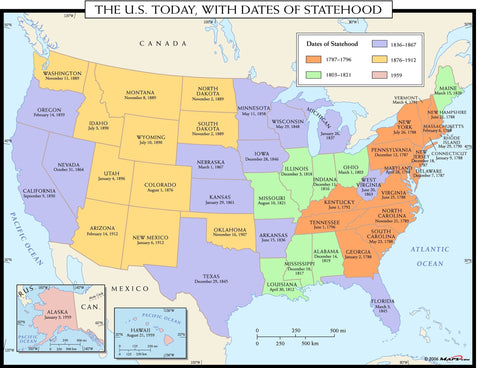 The U.S. Today, with Dates of Statehood Wall Map
