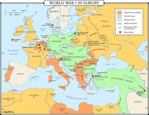 World War I in Europe Wall Map