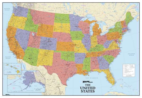 USA Political Wall Map with Elevation Shading – MAD MAPS