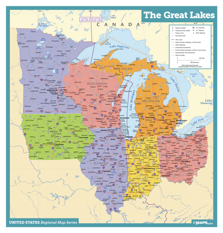 Great Lakes States USA Wall Map